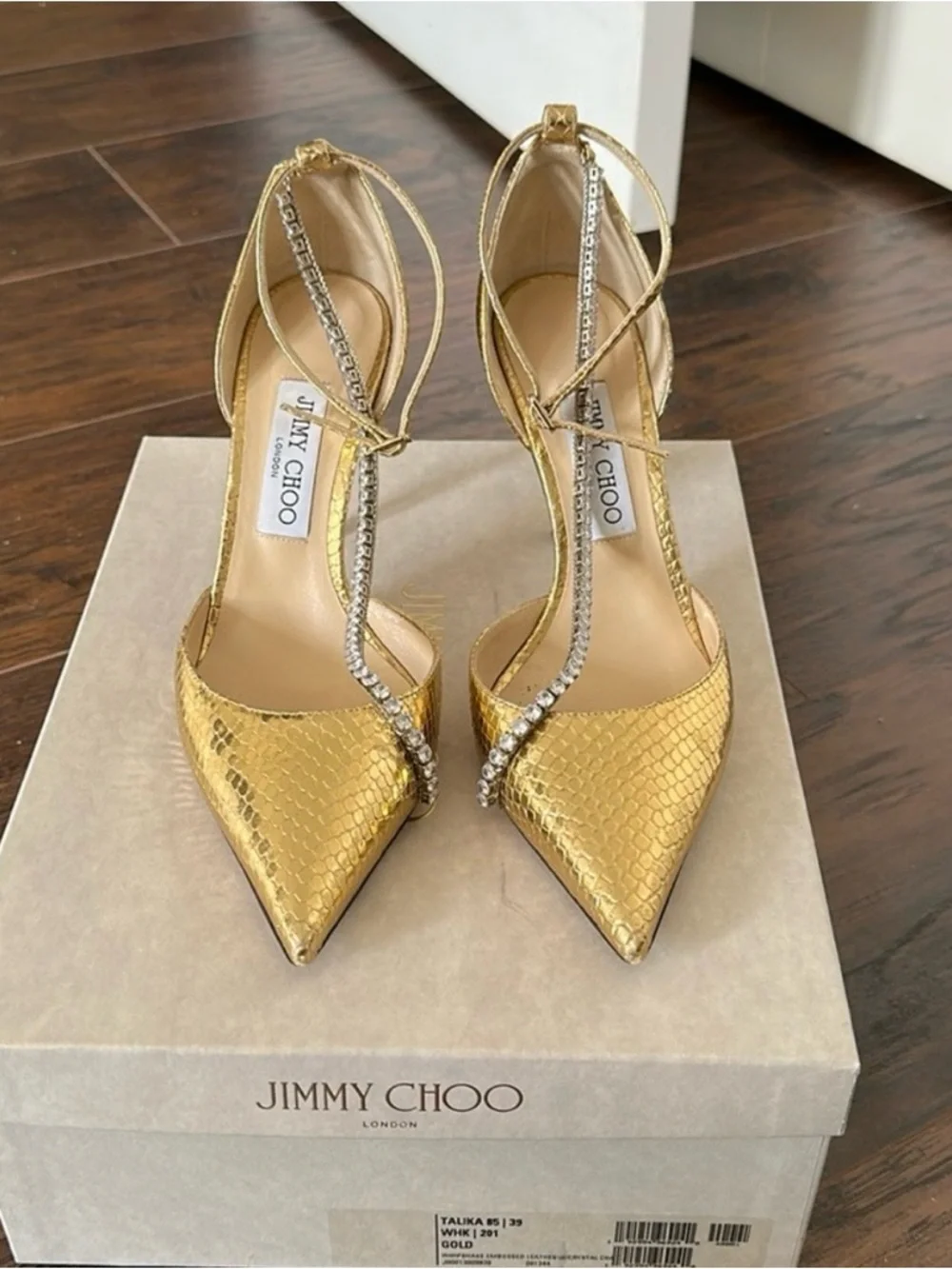 Jimmy Choo Metallic Gold Crystal-Strap Pointed Pumps - Picture 2 of 5